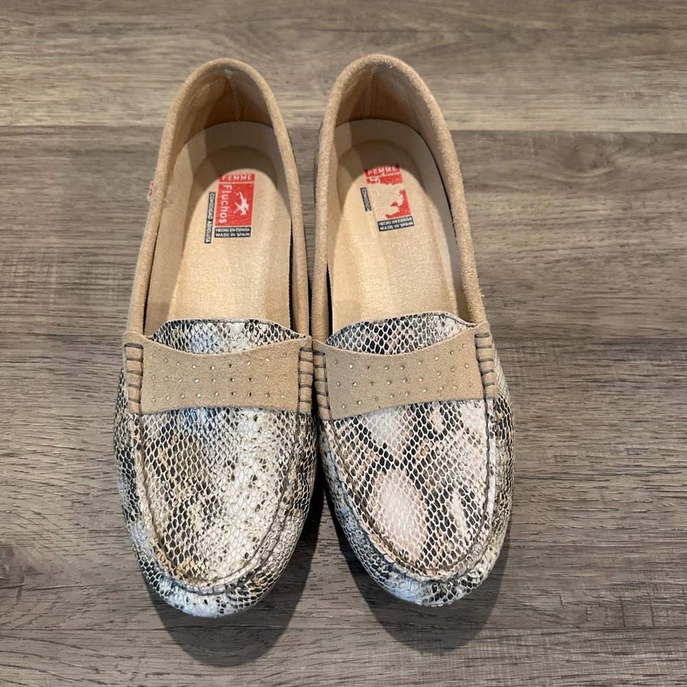 Fluchos Femme Python Snake Print Leather Driving Moccasin Loafers Size 10 - Picture 2 of 9